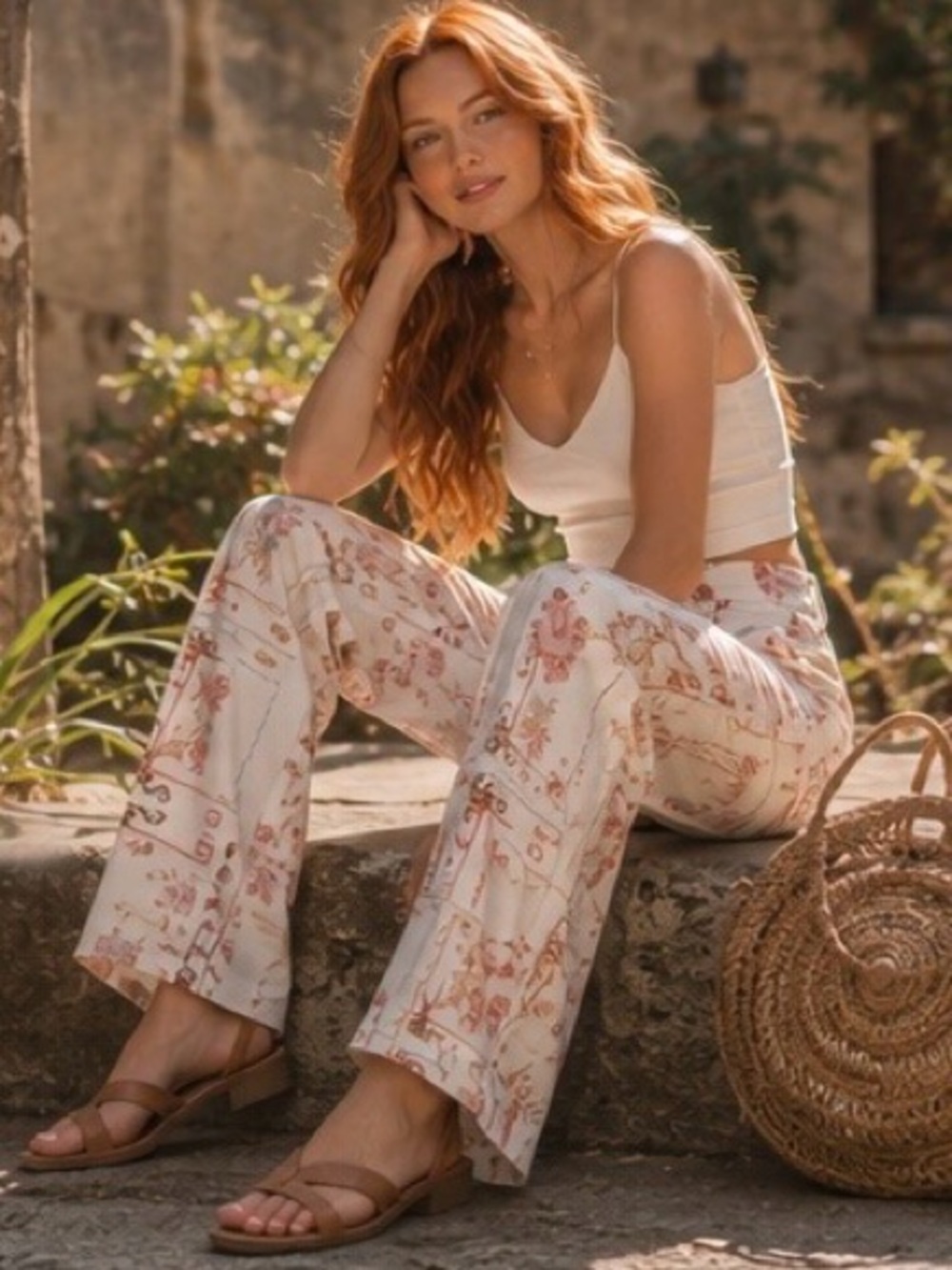Entro Boutique Floral Cream Denim High Rise Wide Leg Cottagecore | S (Juniors)